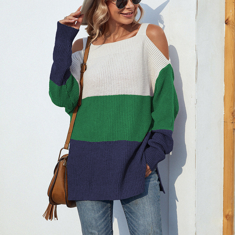 Off-the-shoulder slit sling sweater in contrast color