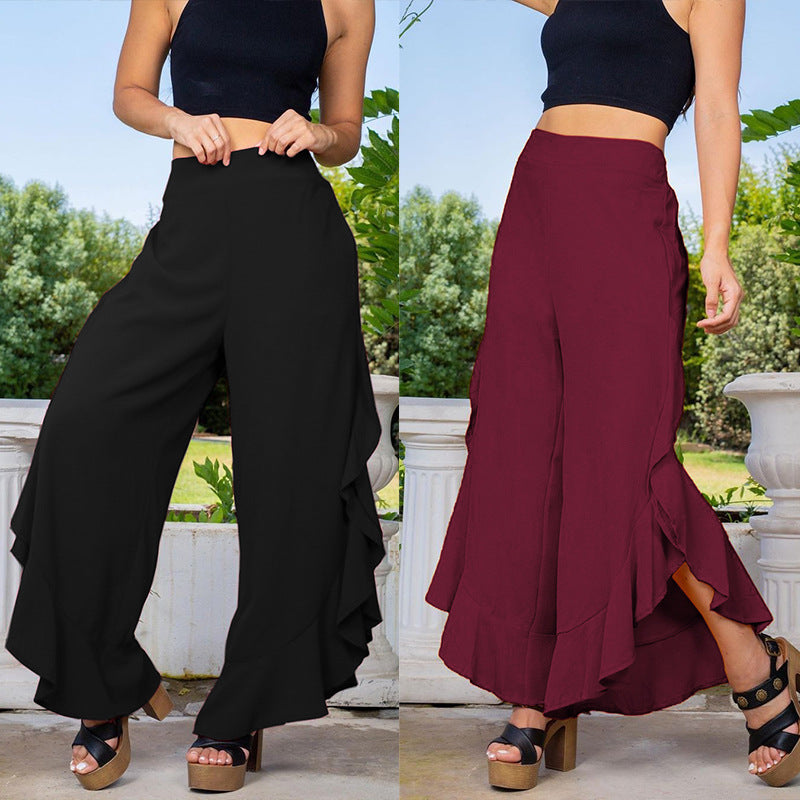 Women's fashion pure color ruffle loose casual wide leg pants