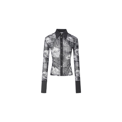 Mid-length printed mesh shirt with pleated waist