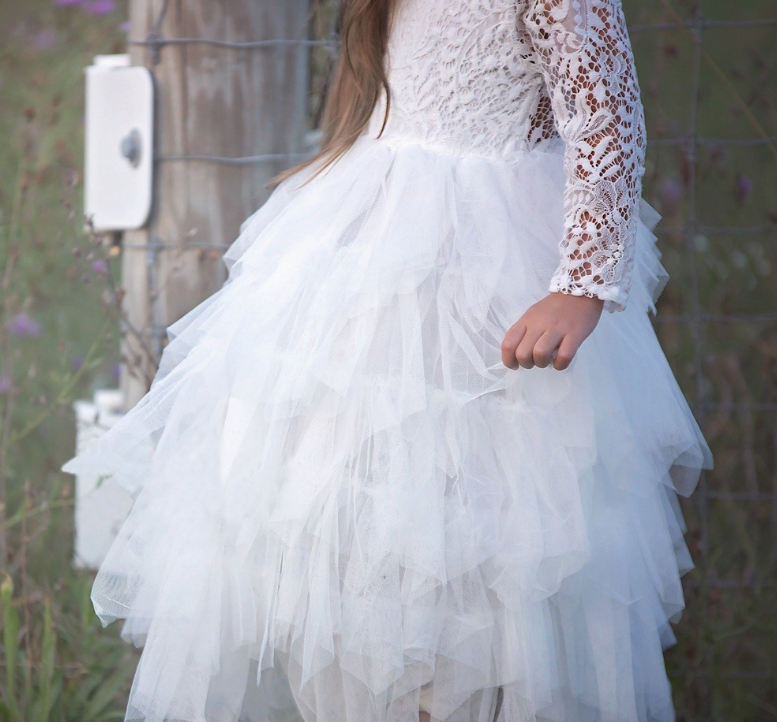 Herbst Und Winter Explosionen Hohl Kinder Rock Spitze Lange ärmeln Mädchen Weiß Prinzessin Kleid Unregelmäßiges Kleid