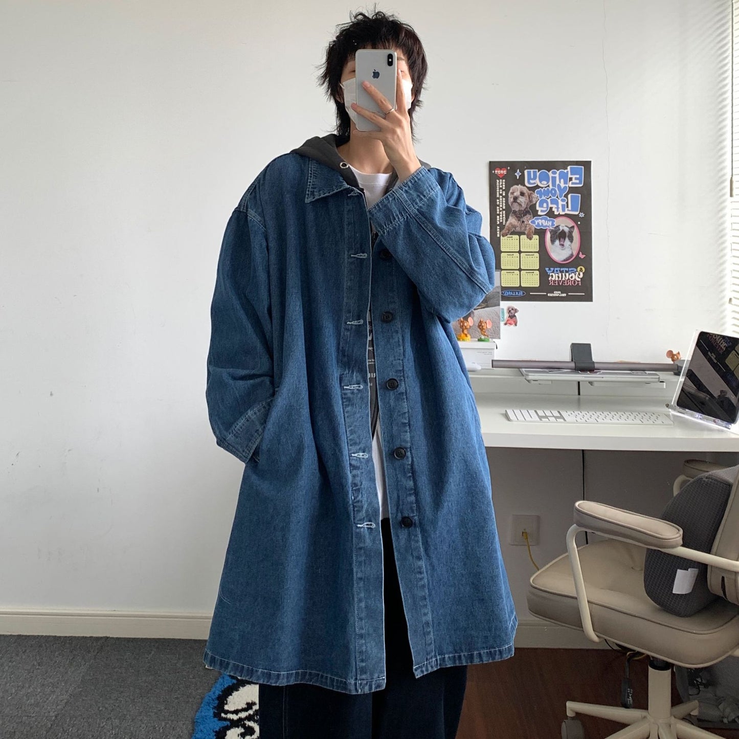 Korean style mid-length denim trench coat