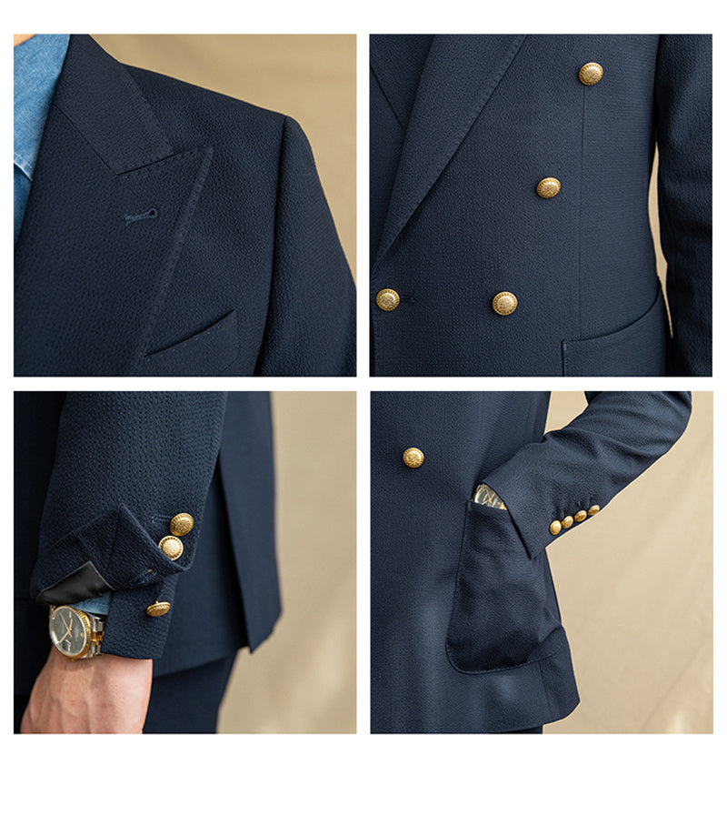 Breathable semi-lined non-iron seersucker double-breasted jacket