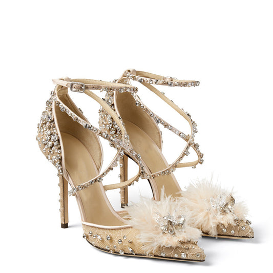 Nude floral pumps with rhinestones and lace