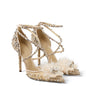 Nude floral pumps with rhinestones and lace