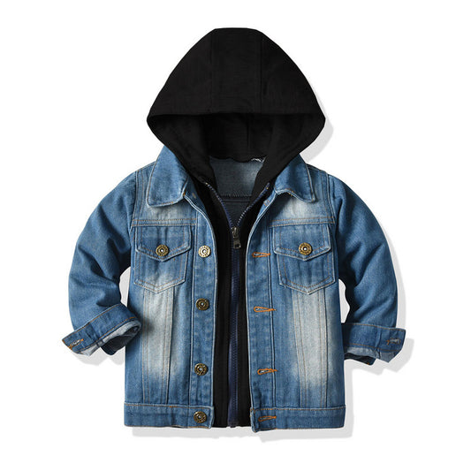 Fake two-piece denim jacket for kids fashionable casual top for kids with hood