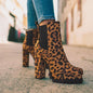 Round toe ankle boots solid leopard print thick square high heel shoes women casual fashion autumn winter suede dress party boots