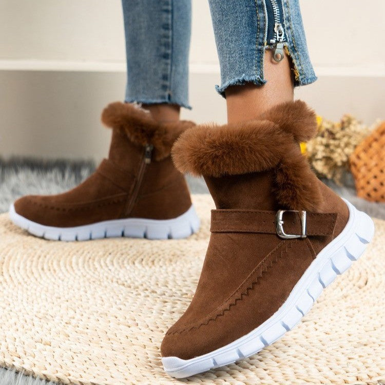 Neue Schnee Stiefel Winter Warme Verdickte Feste Farbe Plüsch Stiefeletten Mit Schnalle Design Plus Samt Flache Schuhe Für Frauen