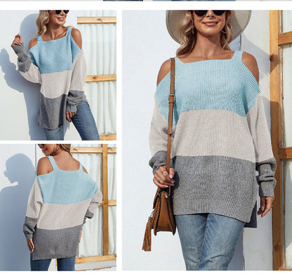 Off-the-shoulder slit sling sweater in contrast color