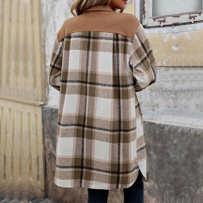 Neu gebürstetem Plaid langen Mantel mit Taschen Mode Winter jacke Outwear Damen bekleidung