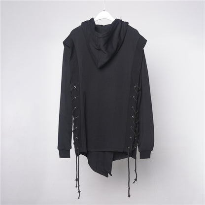 Dark black fake two piece casual coat with hood and cross straps