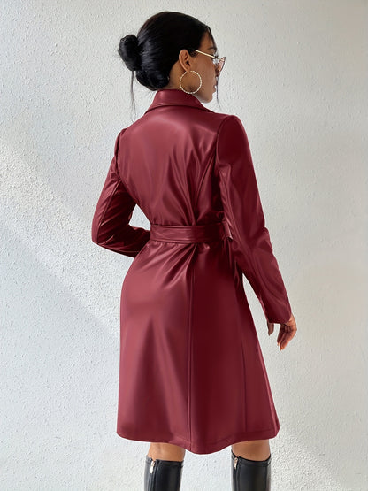 Langärmliges PU-Kleid für Damen mit schlanker Passform, langer Trenchcoat