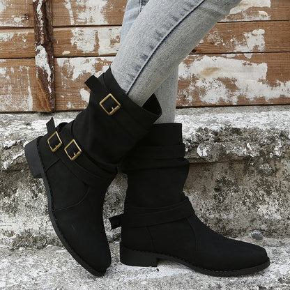 Vintage Low Heel Boots with Adjustable Buckle Women Combat Biker Western Gothic Shoes