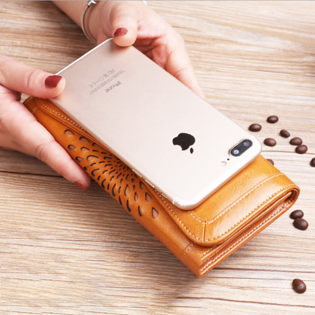 Fashionable long retro wax leather wallet for women