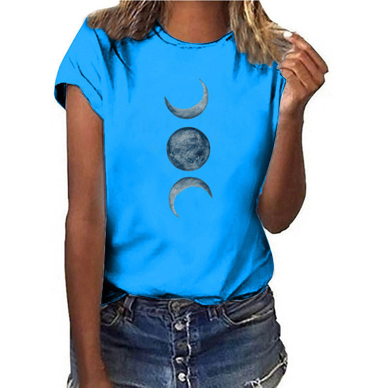 Casual European and American moon print round neck t-shirt