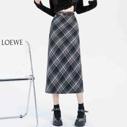 Straight Woolen Plaid Skirt Mid-length Hip Skirt