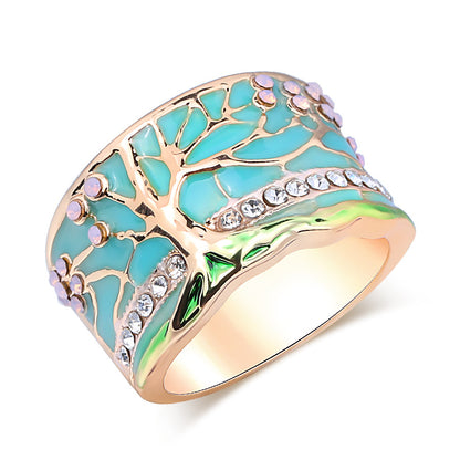 Flower Tree Rings Fashion Gold Pink Opal Green Enamel Wide Ring For Woman Party Crystal Vintage Jewelry