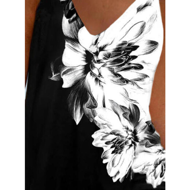 Black and white casual camisole with floral digital print