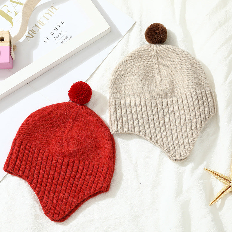 Children's hat wool hat male and female baby ear protection fluffy ball