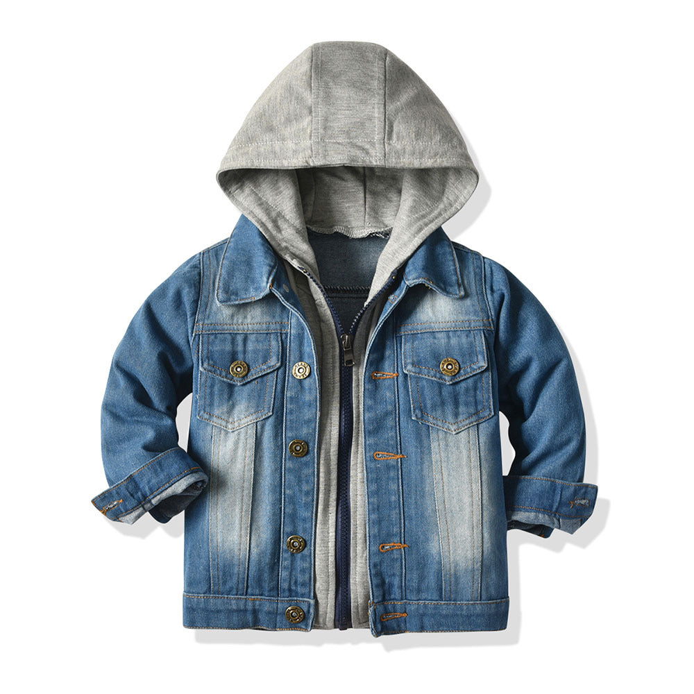 Fake two-piece denim jacket for kids fashionable casual top for kids with hood