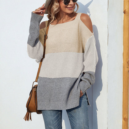 Off-the-shoulder slit sling sweater in contrast color