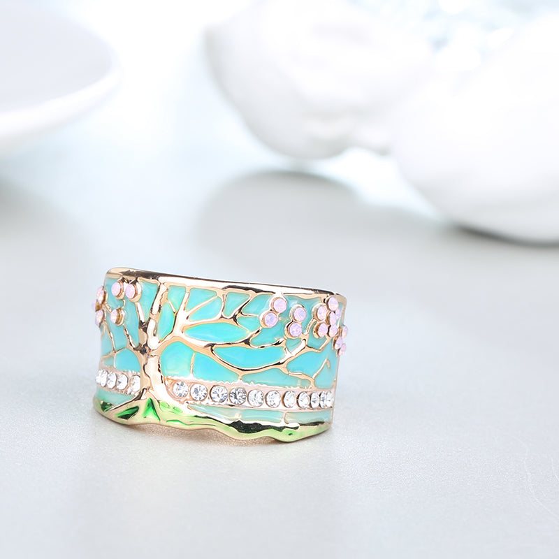 Flower Tree Rings Fashion Gold Pink Opal Green Enamel Wide Ring For Woman Party Crystal Vintage Jewelry