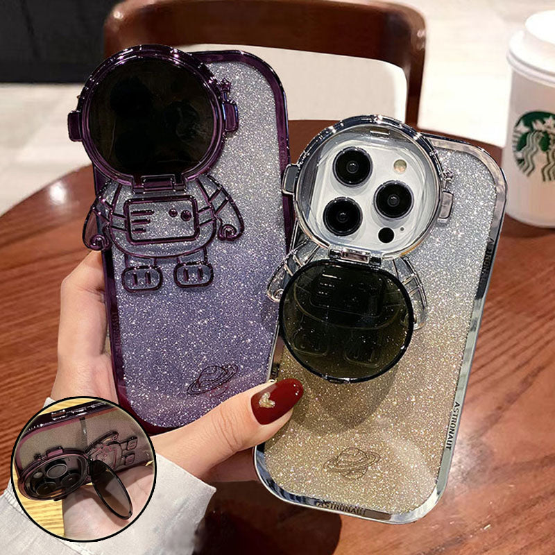 Glitter Astronaut Kamera Stand Telefon Fall Für IPhone 14 13 12 11 Pro Max XR 14 Plus Unsichtbare Objektiv halterung Überzug Soft Cover