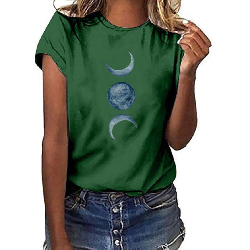 Casual European and American moon print round neck t-shirt