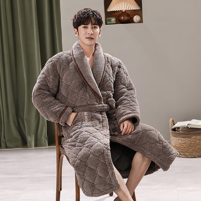 Winter Men's Bathrobe Terry Cloth Bathrobe 3-Layer Flannel
