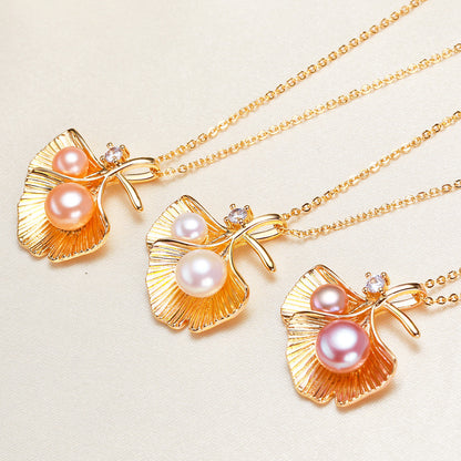 Natural Pearl Jewelry Vintage Double Leaf Zircon Gold Color Pendant Necklace For Woman