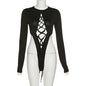 Women's jumpsuit with long sleeves, round neck, flared fit, hollowed strap and
