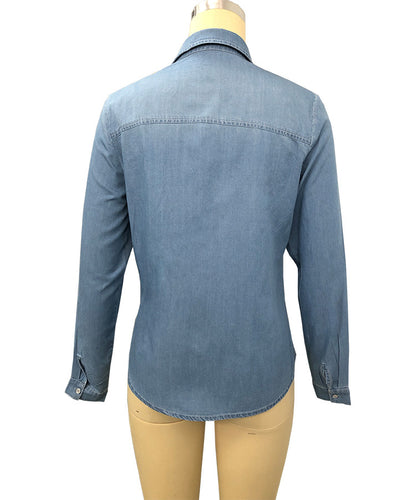 Lapel denim shirt washed retro slim top