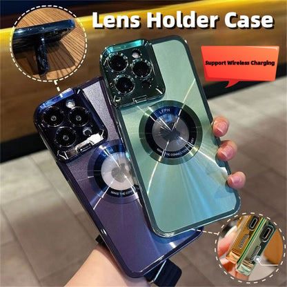Electroplated Phone Case Luxury Plating CD Pattern Magsafe Mount Case For 12 13 14 Pro Max Invisible Camera Stand Holder Lens Mount Magnetic Suction
