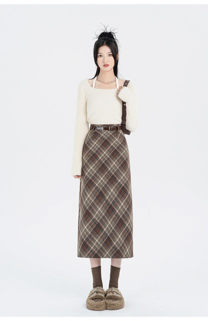 Straight Woolen Plaid Skirt Mid-length Hip Skirt