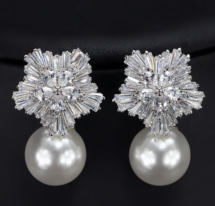 Pearl earrings for women with luxurious firework shaped cubic zirconia ladies jewelry birthday gift