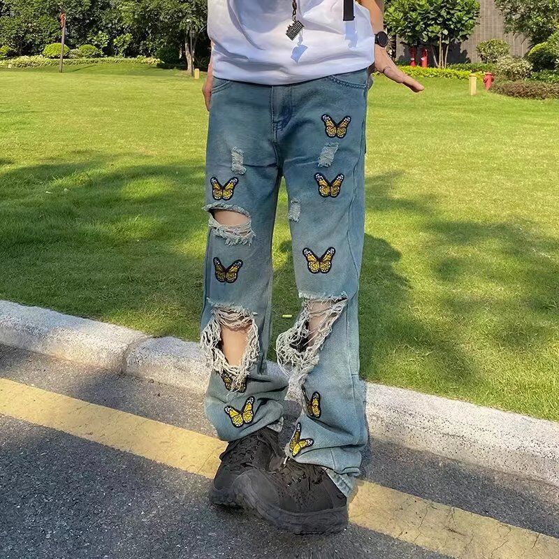 Men's Butterfly Embroidery Ripped Jeans