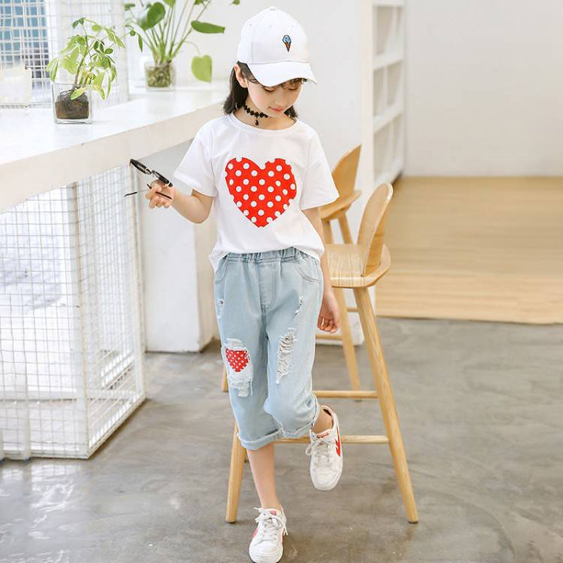 Kids white t-shirt and ripped jeans suit for girls