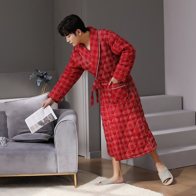 Long sleeve thin quilted pure cotton bathrobe for autumn and winter