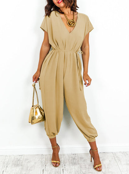 Women's harem pants with V-neck and lacing at the waist wide leg