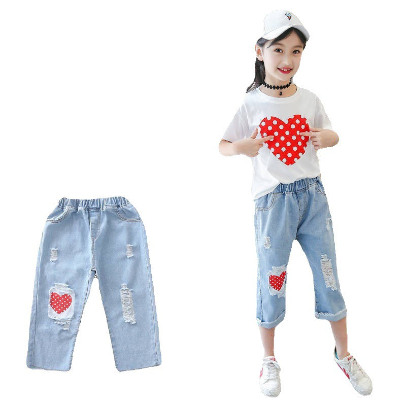 Kids white t-shirt and ripped jeans suit for girls