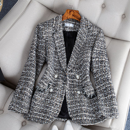 Checked tweed wool coat in socialite style