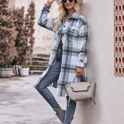 Casual long coat with checked flannel shirt