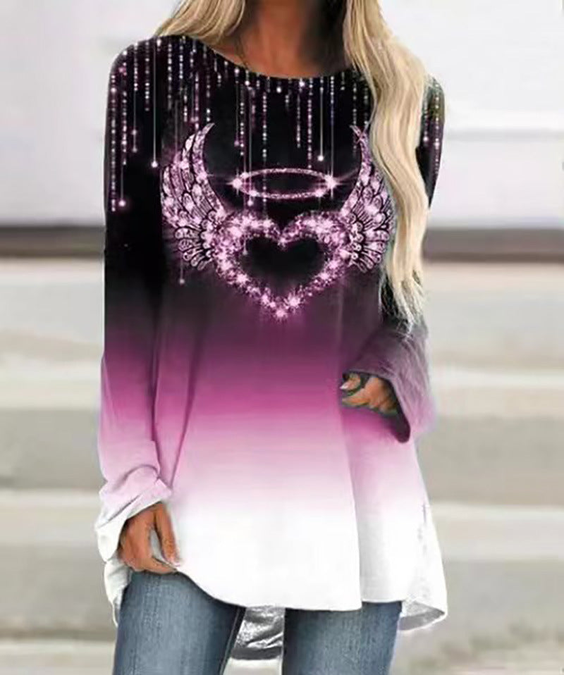 Autumn Women Loose Round Neck Heart Print Long Sleeve T-Shirt