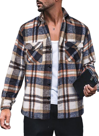 Men's Fashion Simple Plaid Shirt Long Sleeve Button Coat