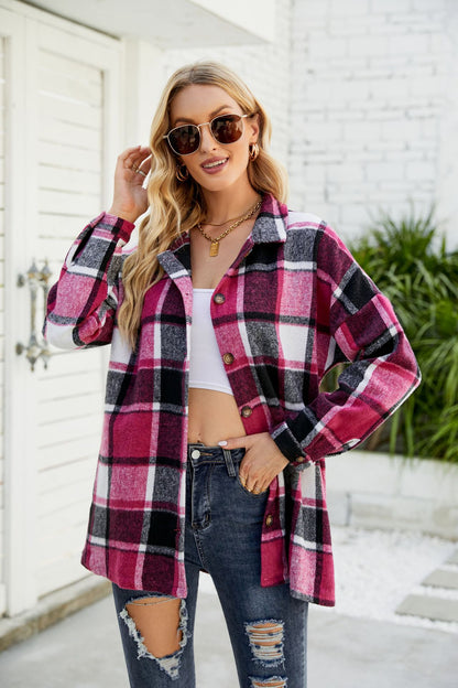 Women's long sleeve checked shirt Mid-length wool coat