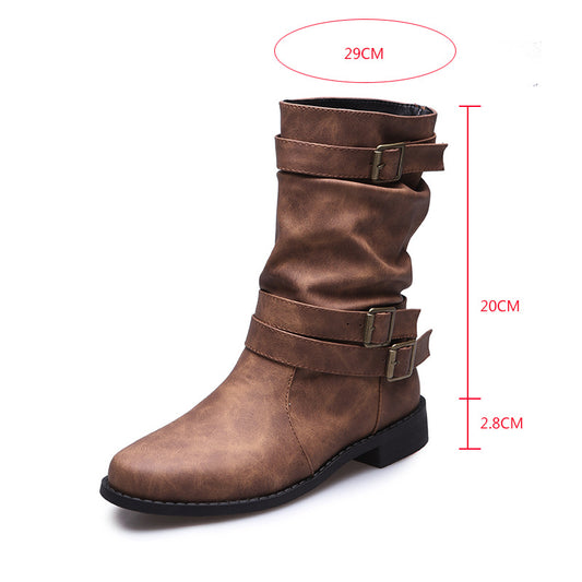 Vintage Low Heel Boots with Adjustable Buckle Women Combat Biker Western Gothic Shoes