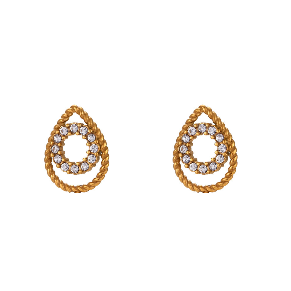 Finely inlaid ear studs with golden hollow water drop pendant necklace