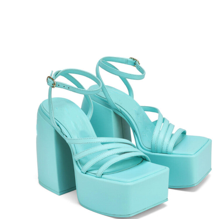 Solid color square toe platform high heel sandals