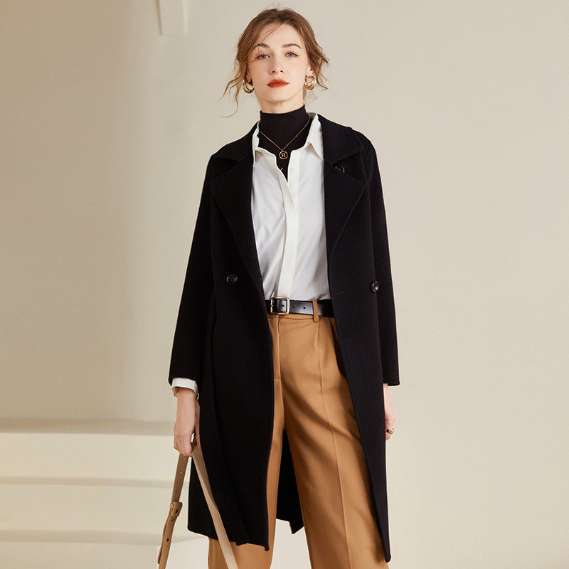 Women's mid-length reversible wool coat with belt