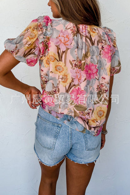 Loose V-neck puff sleeve floral print t-shirt