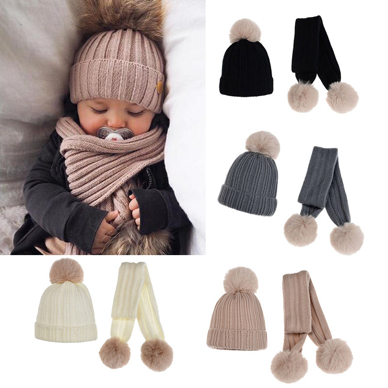 Baby Hut Schal Set Winter Nette Pompon Dicke Warme Gestrickte Beanie Schals Für Junge Mädchen Kinder Hüte Einfarbig Jungen mädchen Motorhaube